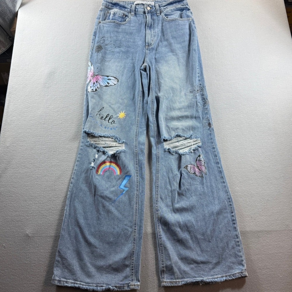 Inseltown Jeans Women 13 Blue Butterfly Graphic Distressed Wide Leg Rainbow
